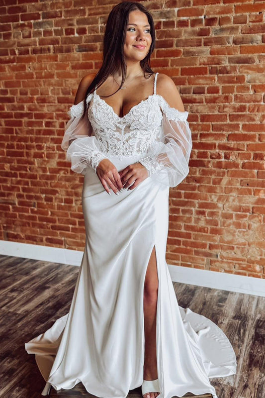 Mermaid V Neck Satin Lace Wedding Dresses for Bride Long Sleeves Wedding Gowns