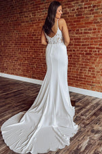 Mermaid V Neck Satin Lace Wedding Dresses for Bride Long Sleeves Wedding Gowns