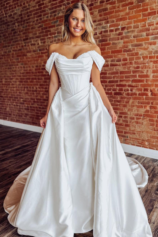 Off Shoulder Wedding Dresses for Bride Satin Corset Crystal Beaded Bridal Wedding Gowns