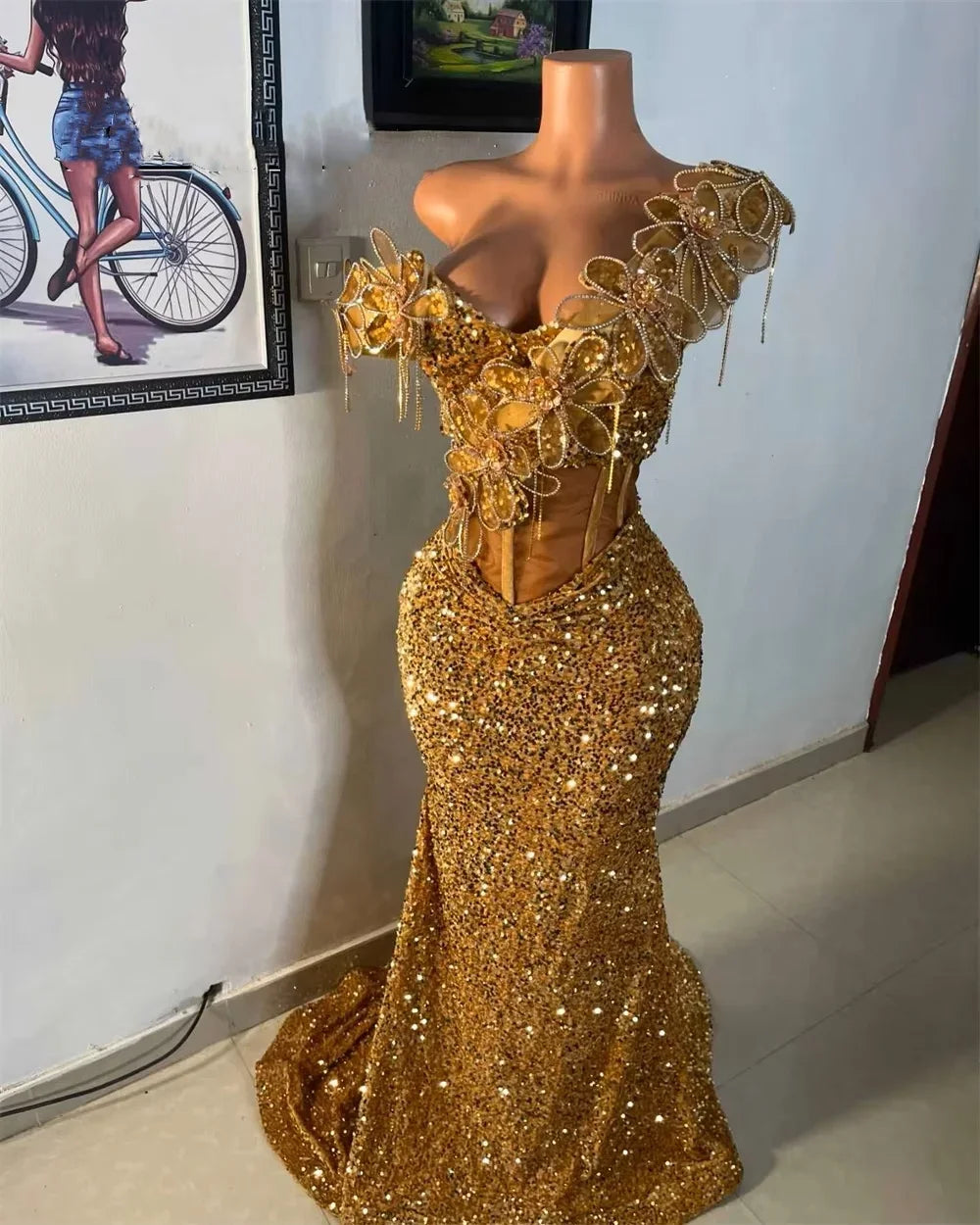 Gold Sparkly Long Prom Dresses For Black Girls Sequins Beaded Birthday Party Dresses African Evening Gown Robe De Customized