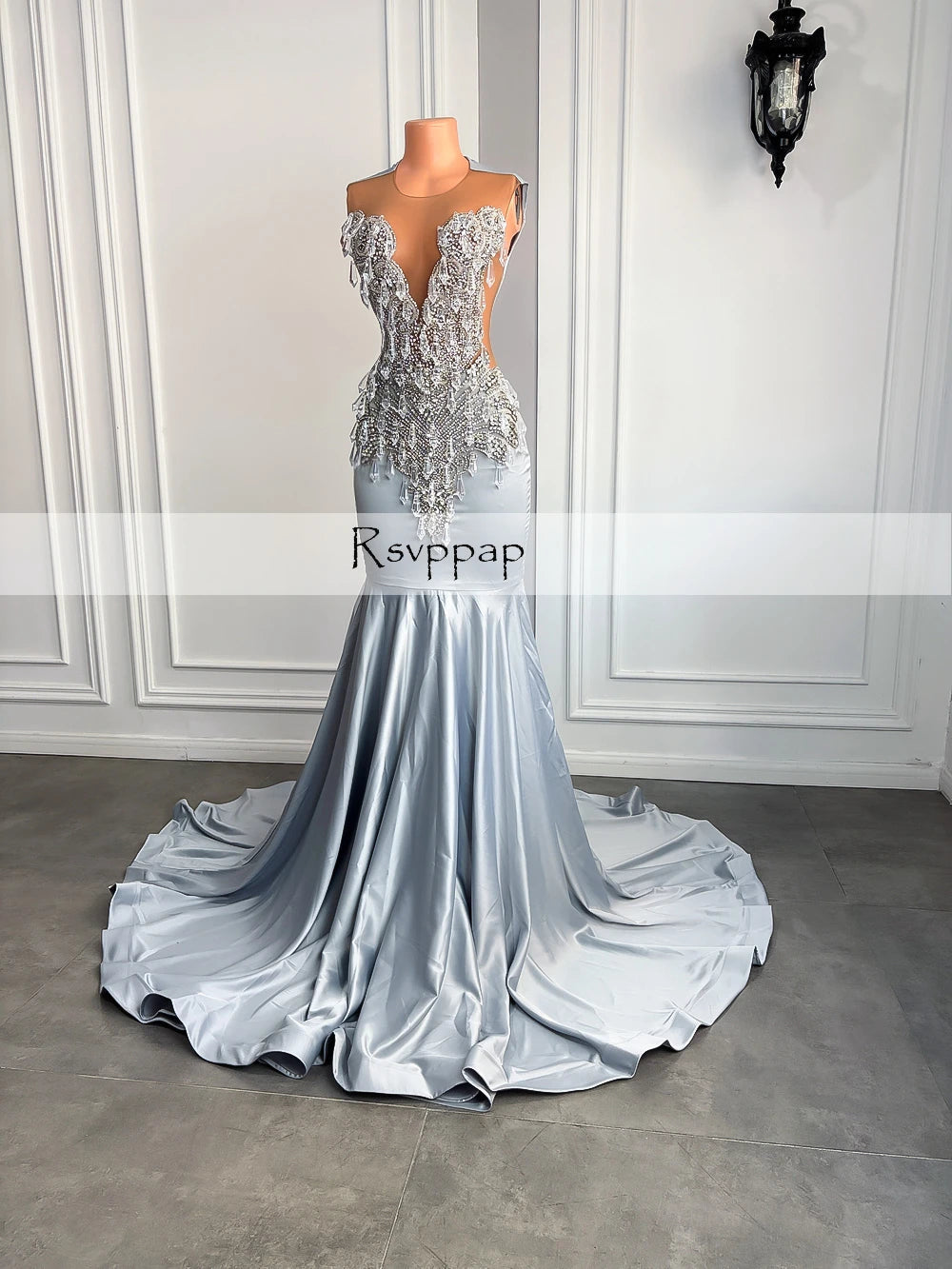 Newest Long Mermaid Prom Dresses 2026 Style Sheer O-neck Luxury Beaded Diamond Silver Satin Black Girls Prom Gowns
