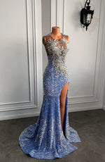 Long Sexy Sparkly Prom Dress 2026 High Slit Luxury Silver Beaded Light Blue Sequin Black Girl Mermaid Prom Party Gowns