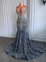 Sexy Long Sparkly Prom Dresses 2026 Sheer O-neck Luxury Silver Crystals Diamond Sequin Mermaid Black Girl Prom Party Gowns
