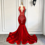 Long Prom Dresses 2026 Luxury Sparkly Beaded Diamond Sexy Mermaid Sheer Top Black Girl Red Velvet Prom Gala Gowns
