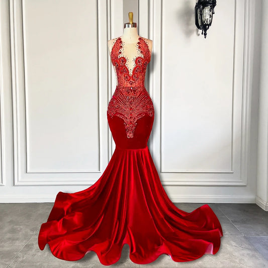 Long Prom Dresses 2026 Luxury Sparkly Beaded Diamond Sexy Mermaid Sheer Top Black Girl Red Velvet Prom Gala Gowns