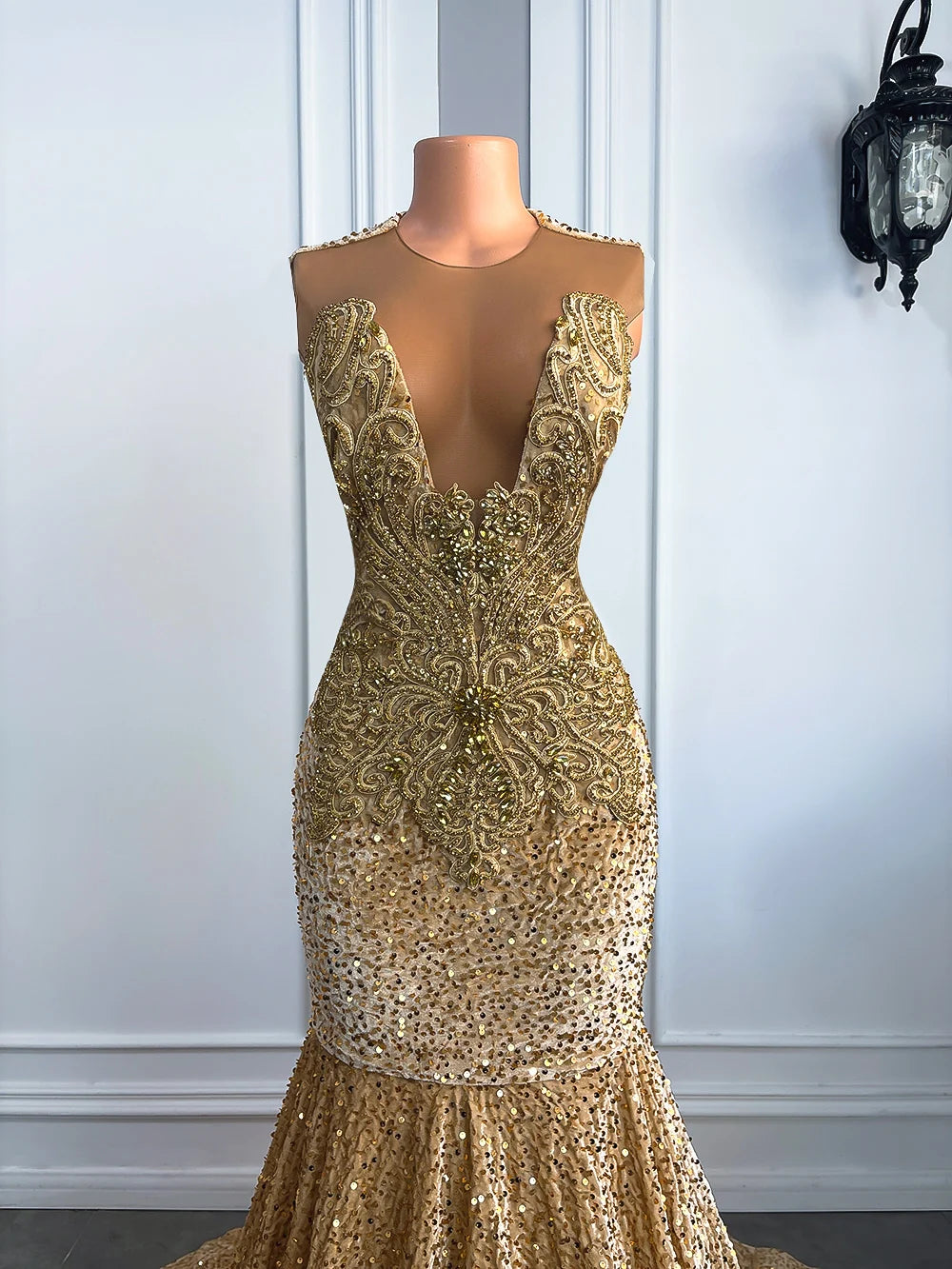 Long Elegant Prom Dresses 2026 Mermaid Style Sheer O-neck Beaded Lace Gold Sequin African Black Girls Prom Party Gowns