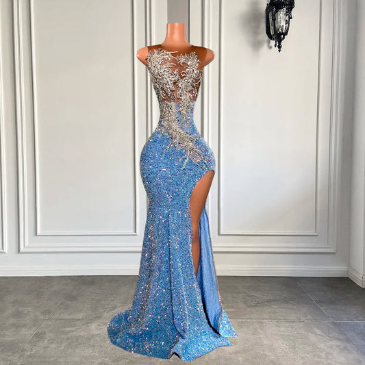 Long Sexy Sparkly Prom Dress 2026 High Slit Luxury Silver Beaded Light Blue Sequin Black Girl Mermaid Prom Party Gowns