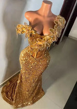 Gold Sparkly Long Prom Dresses For Black Girls Sequins Beaded Birthday Party Dresses African Evening Gown Robe De Customized