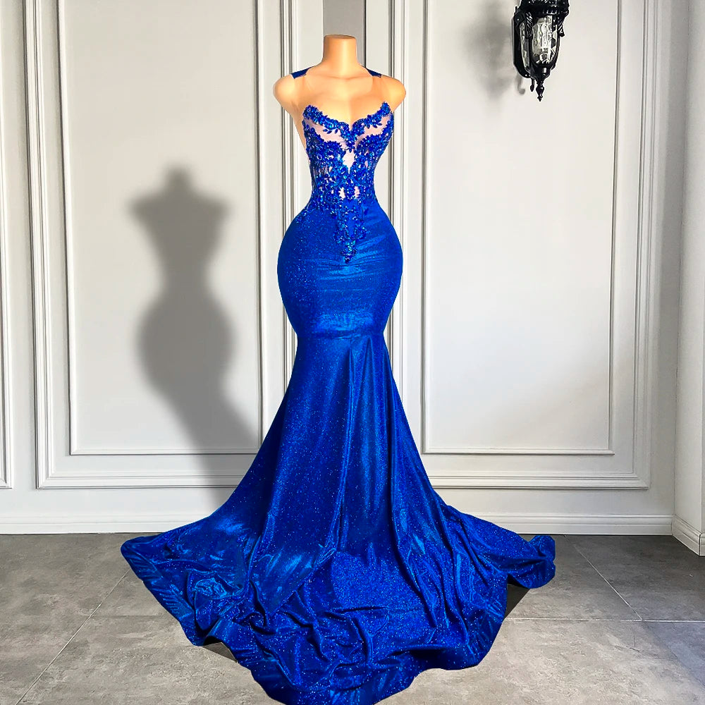 Royal Blue Long Prom Dresses 2026 Luxury Beaded Embroidery Sexy Mermaid Style Black Girl Prom Gala Party Gowns