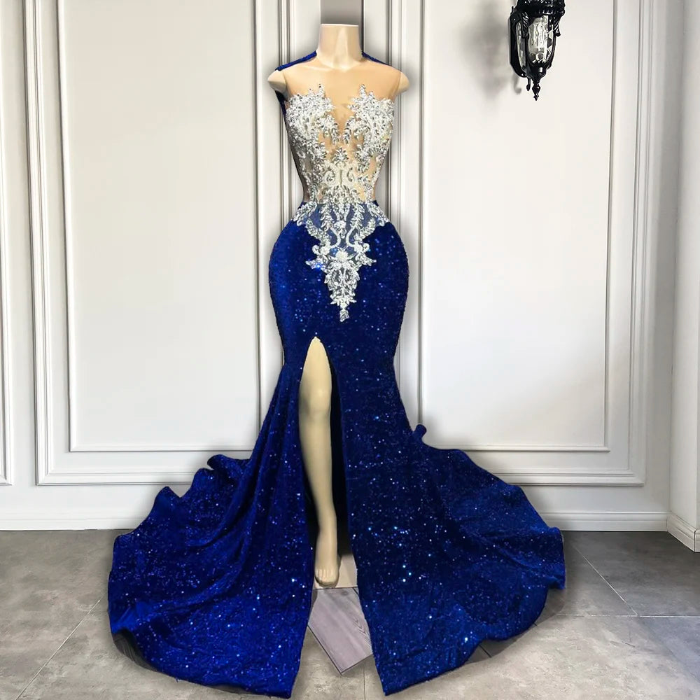 Sexy Sheer O-neck Sleeveless 3D Lace Sparkly Royal Blue Sequin Black Girls Long Prom Dresses 2026 With High Slit