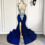 Sexy Sheer O-neck Sleeveless 3D Lace Sparkly Royal Blue Sequin Black Girls Long Prom Dresses 2026 With High Slit