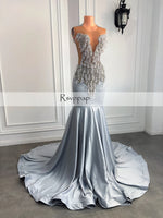 Newest Long Mermaid Prom Dresses 2026 Style Sheer O-neck Luxury Beaded Diamond Silver Satin Black Girls Prom Gowns