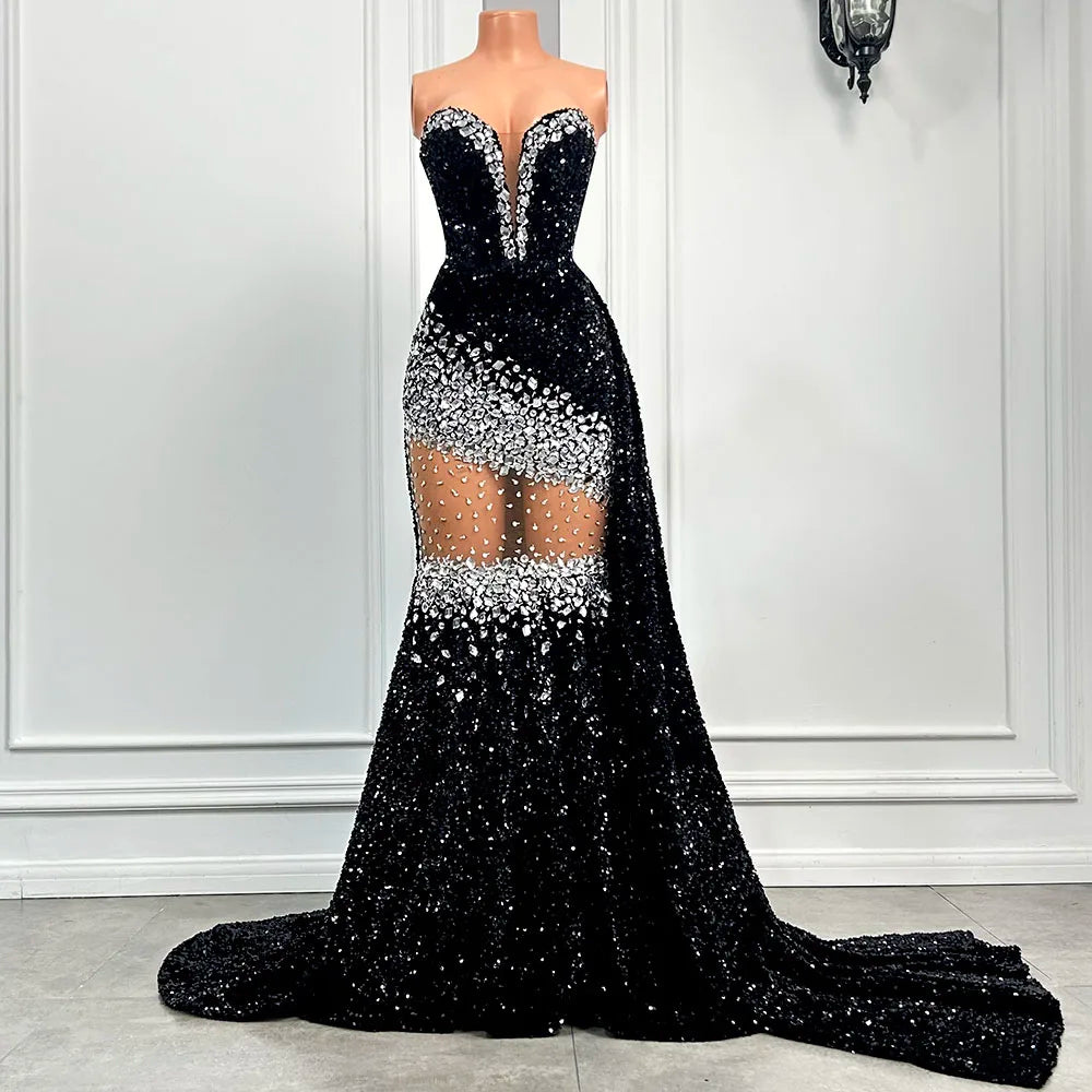 Long Sparkly Prom Dress 2026 Elegant Mermaid Style Silver Crystals Black Sequin African Girl Prom Party Gowns