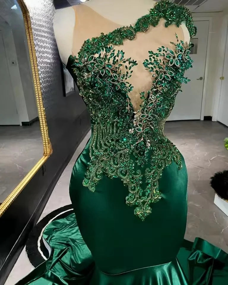Elegant Dark Green Satin Mermaid Prom Dresses 2025 Black Girl  Sheer Neck Beaded Birthday Evening Party Gowns  Customized