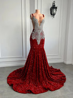 Gorgeous Long Prom Dresses 2026 Mermaid Style Luxury Sparkly Silver Crystals Red Sequin Black Girls Prom Party Formal Gowns