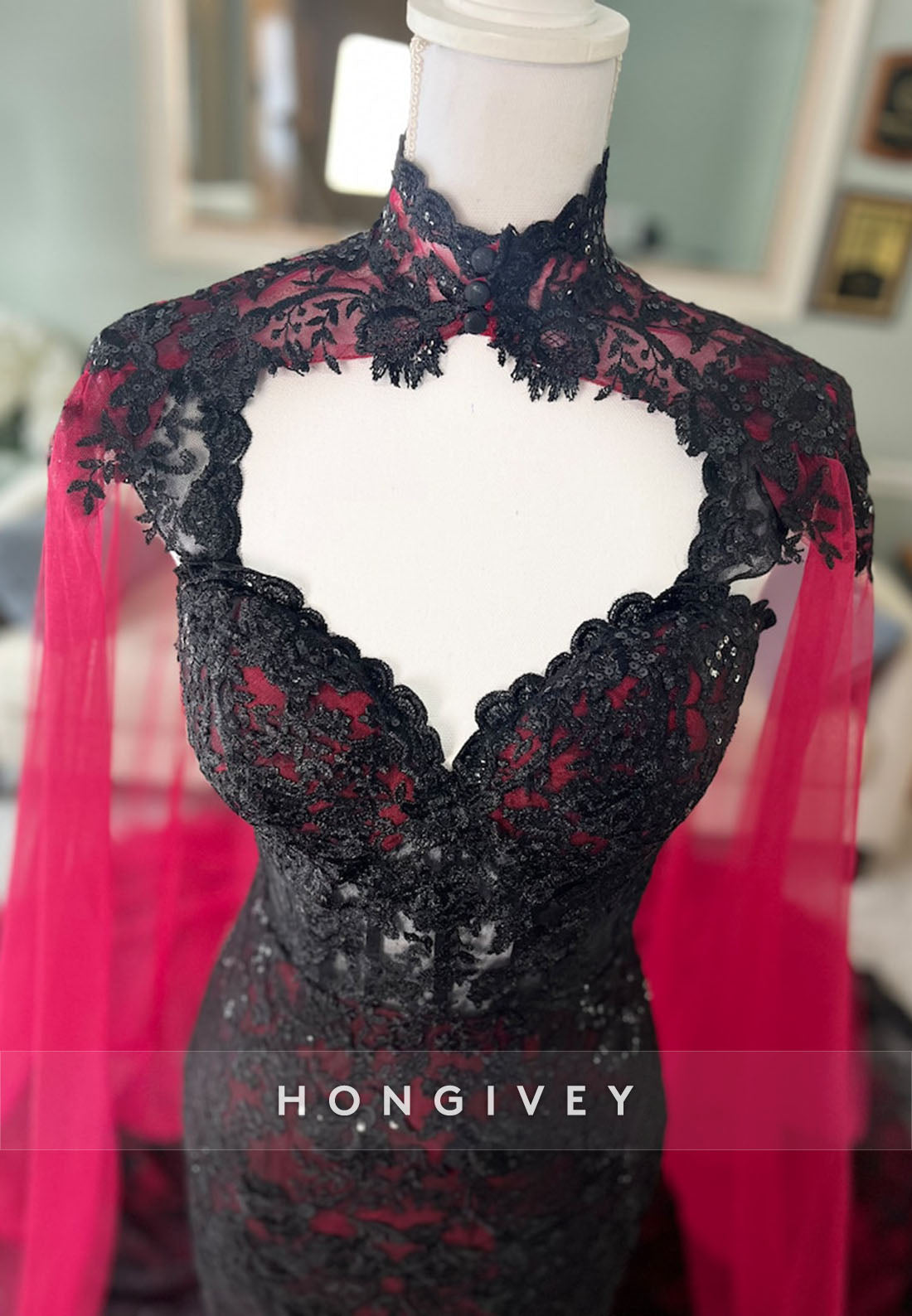 Black and Dark Red Wedding Gown with Cape See Through Mermaid Gown