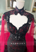 Black and Dark Red Wedding Gown with Cape See Through Mermaid Gown