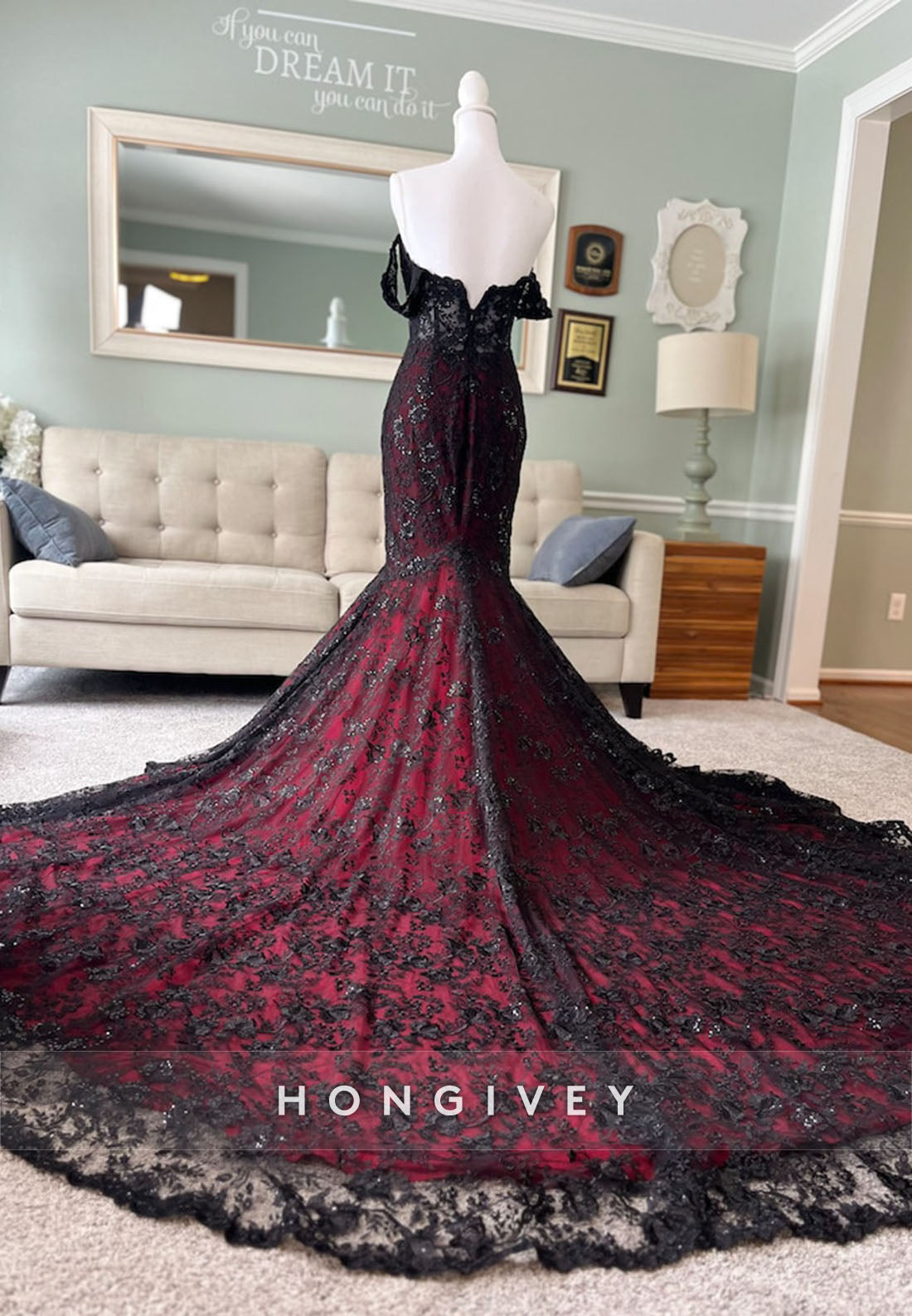 Black and Dark Red Wedding Gown with Cape See Through Mermaid Gown