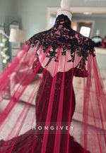 Black and Dark Red Wedding Gown with Cape See Through Mermaid Gown