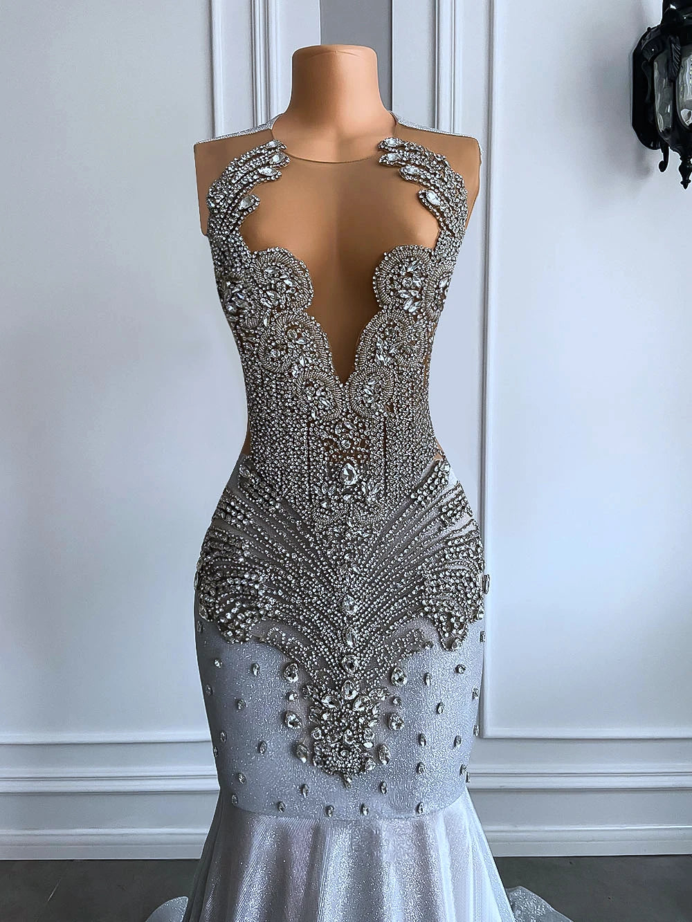 Women Silver Long Mermaid Prom Dresses 2026 Sexy Sheer Mesh Luxury Sparkly Handmade Diamond Black Girl Prom Formal Gala Gowns