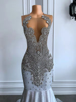 Women Silver Long Mermaid Prom Dresses 2026 Sexy Sheer Mesh Luxury Sparkly Handmade Diamond Black Girl Prom Formal Gala Gowns