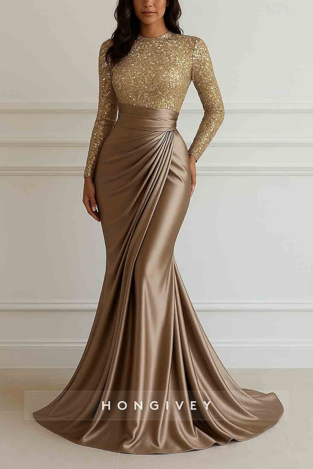 Sequined Long Sleeve Evening Dress Mermaid