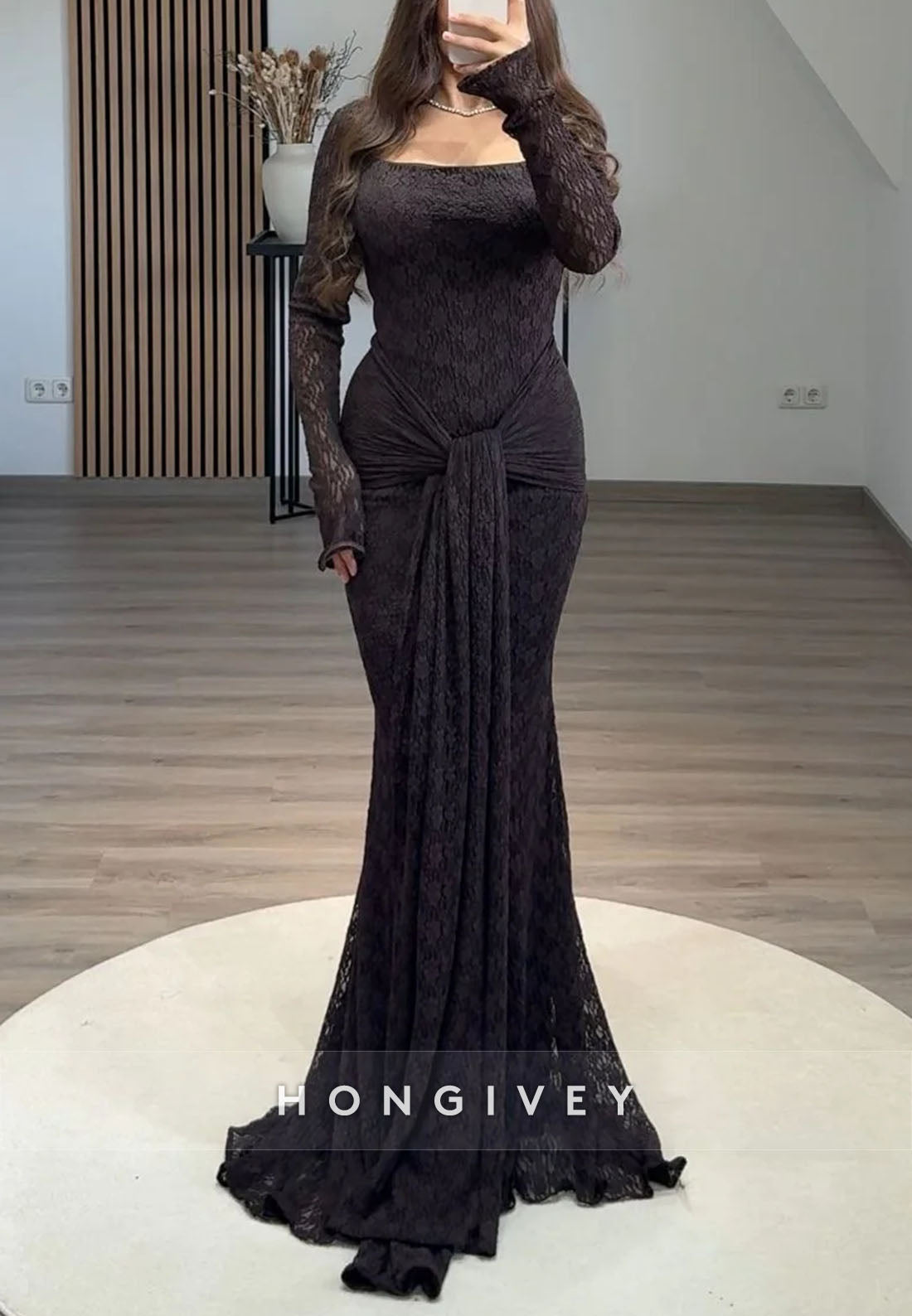 Elegant Long Sleeves Lace Formal Gown Detachable Mermaid Evening Gowns