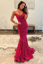 Fuchsia Glitter Mermaid Strapless Keyhole Back Sequin Long Prom Dress