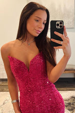 Fuchsia Glitter Mermaid Strapless Keyhole Back Sequin Long Prom Dress