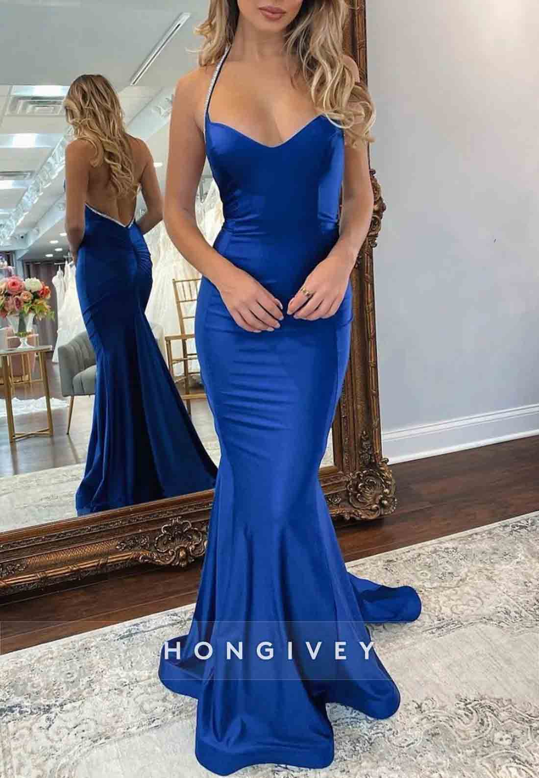 Sexy Backless Royal Blue Halter Neck Mermaid Long Satin Prom Dress