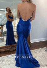 Sexy Backless Royal Blue Halter Neck Mermaid Long Satin Prom Dress