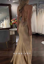 Sexy Sparkly Gold Mermaid Floor-Length Beaded Prom Dress With Side Slit