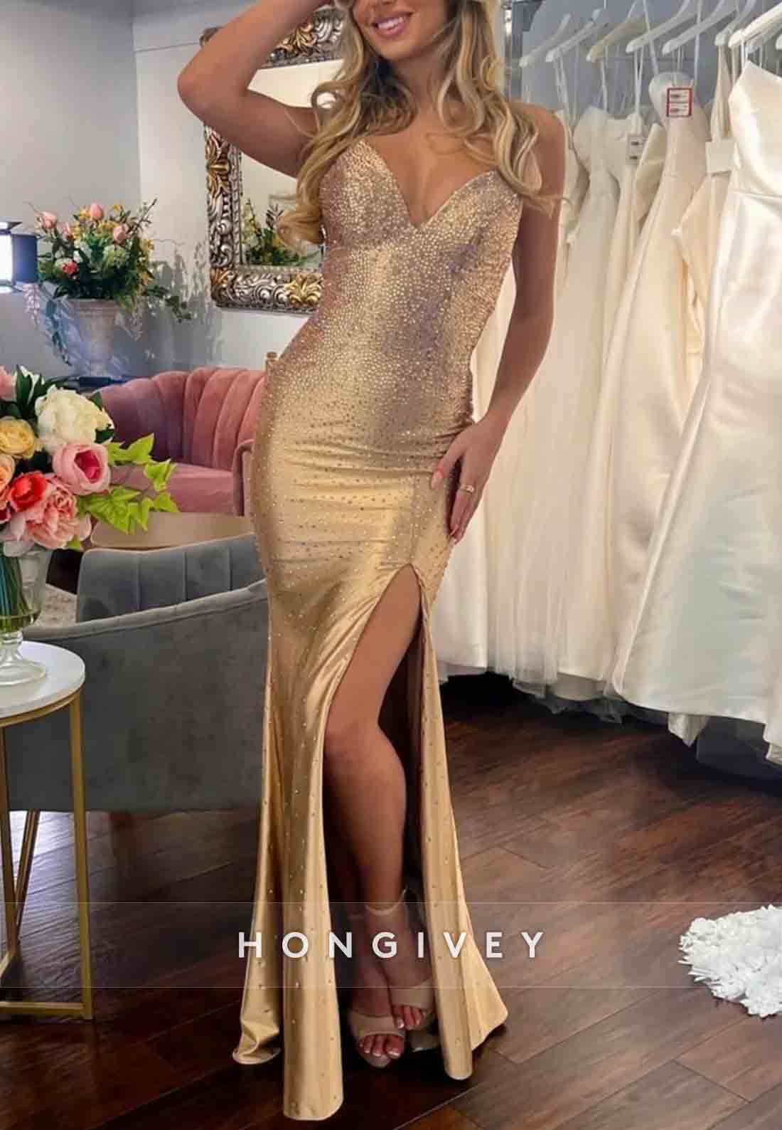 Sexy Sparkly Gold Mermaid Floor-Length Beaded Prom Dress With Side Slit