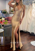 Sexy Sparkly Gold Mermaid Floor-Length Beaded Prom Dress With Side Slit