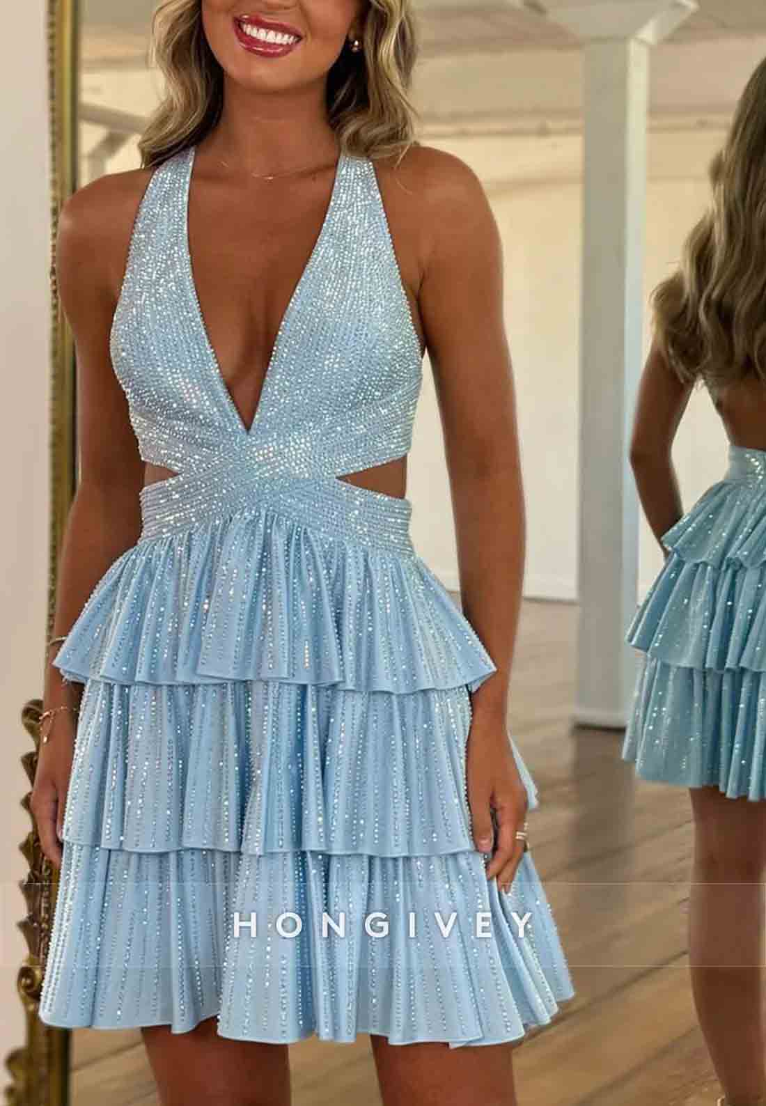 Low V-Neck Halter A-Line Ruched Crisscross Back Sleeveless Short Homecoming Dresses