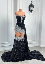 Long Sparkly Prom Dress 2026 Elegant Mermaid Style Silver Crystals Black Sequin African Girl Prom Party Gowns