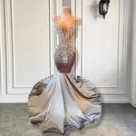 Newest Long Mermaid Prom Dresses 2026 Style Sheer O-neck Luxury Beaded Diamond Silver Satin Black Girls Prom Gowns