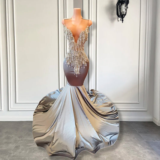 Newest Long Mermaid Prom Dresses 2026 Style Sheer O-neck Luxury Beaded Diamond Silver Satin Black Girls Prom Gowns