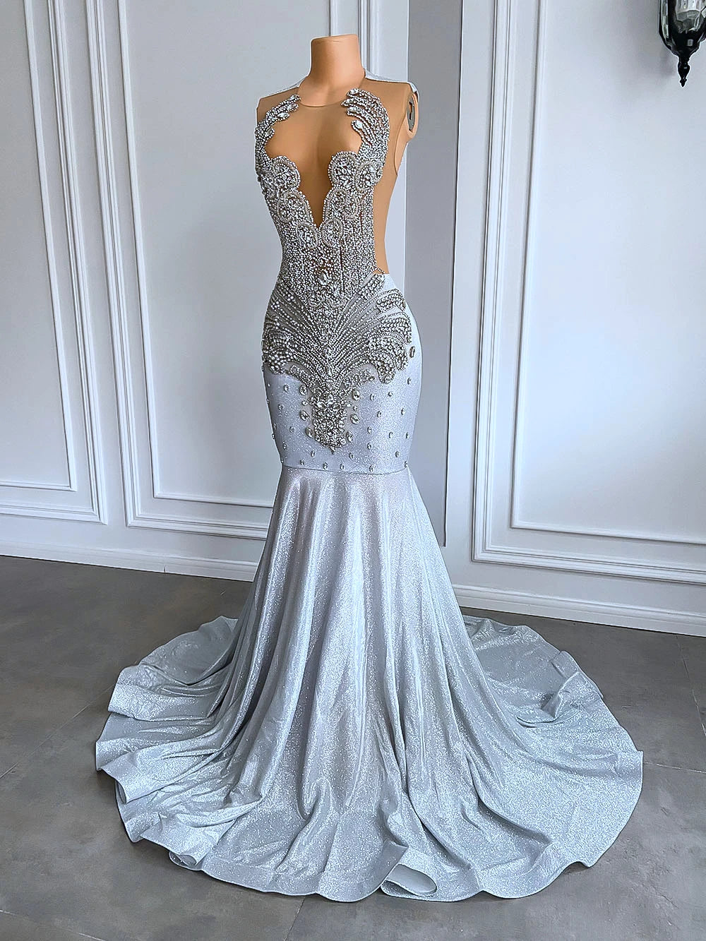 Women Silver Long Mermaid Prom Dresses 2026 Sexy Sheer Mesh Luxury Sparkly Handmade Diamond Black Girl Prom Formal Gala Gowns