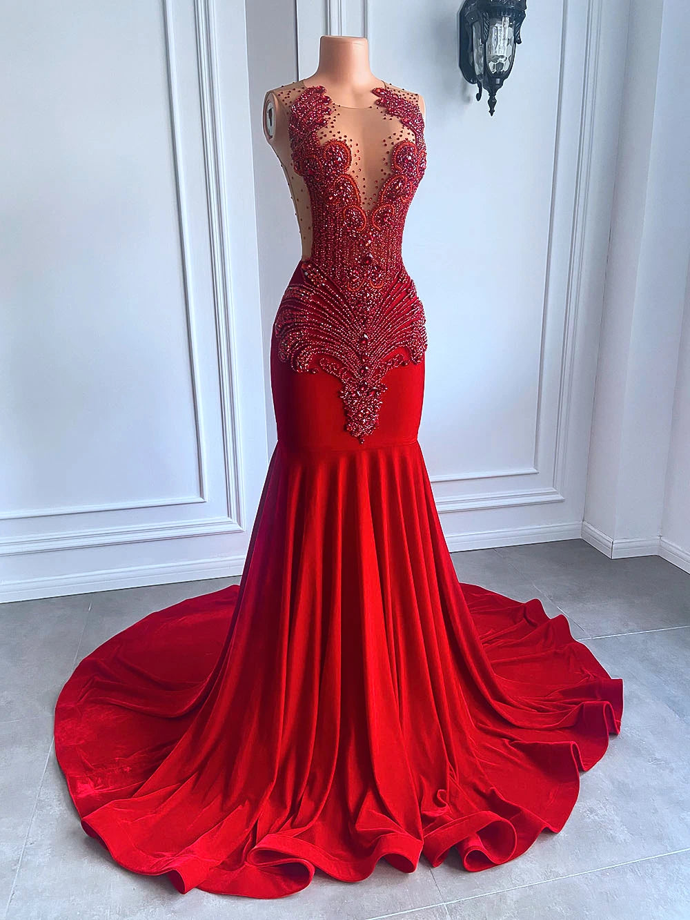 Long Prom Dresses 2026 Luxury Sparkly Beaded Diamond Sexy Mermaid Sheer Top Black Girl Red Velvet Prom Gala Gowns