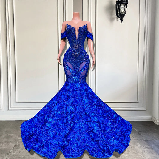 Long Prom Dresses 2026 Luxury Sheer O-neck Off The Shoulder Sparkly Diamond Black Girl Royal Blue Prom Gala Formal Gowns