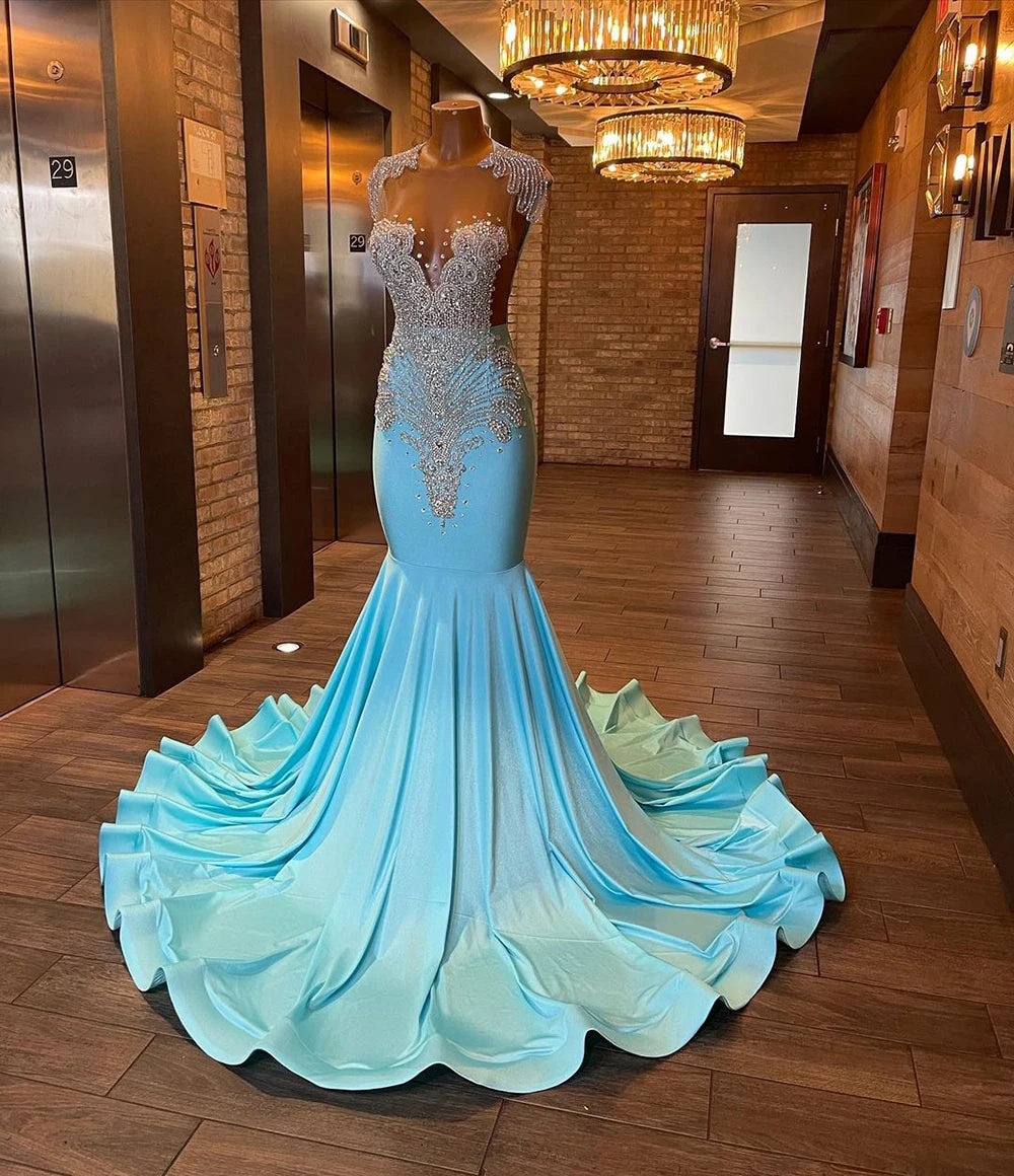 Long Sparkly Prom Dresses 2026 Sexy Sheer Top Luxury Diamond Light Blue Black Girls Mermaid Prom Gala Party Gowns