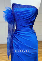 Royal Blue Floral Embossed Crystal Beaded Mermaid  Holiday Dresses with High Slit