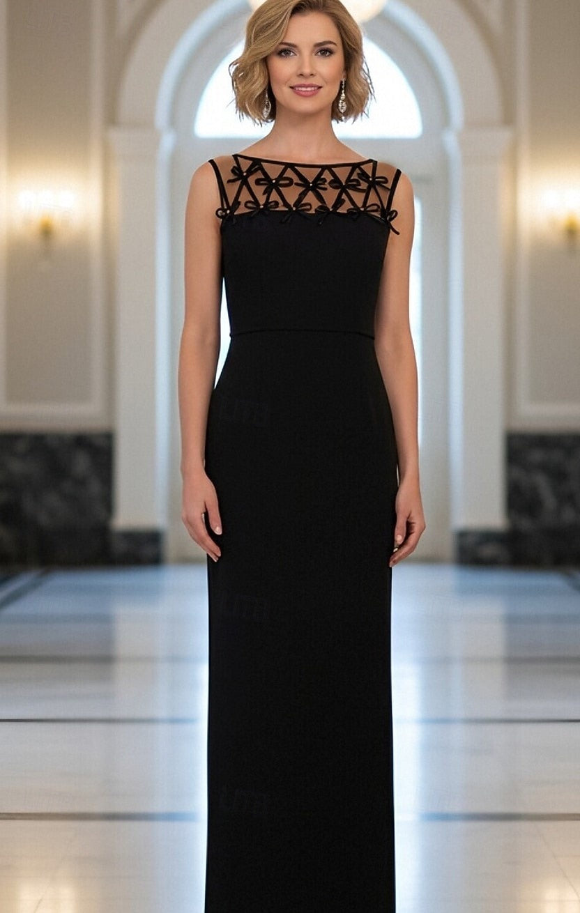 Black Sheer Bow Sleeveless Mermaid Floor-Length Evening Dress