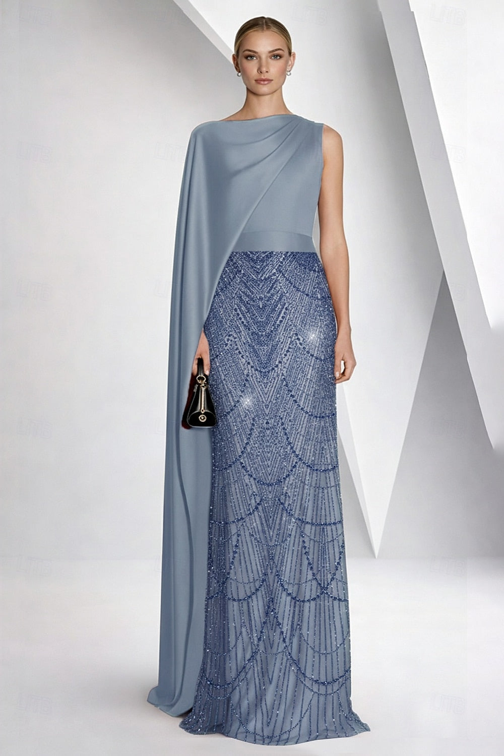 Cape Sleeve Beaded Sparkle Mermaid Evening Dress Shawl