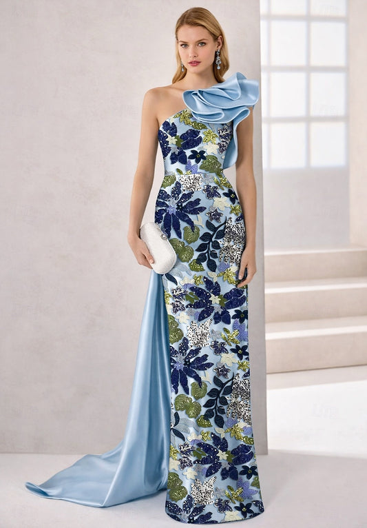 One Shoulder Sleeveless Flowers Floral Print Mermaid Evening Dress