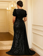 V-Neck Half Sleeve Sequins Sparkle Mermaid Formal Evening Dress