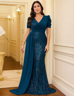 V-Neck Half Sleeve Sequins Sparkle Mermaid Formal Evening Dress