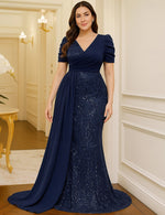 V-Neck Half Sleeve Sequins Sparkle Mermaid Formal Evening Dress