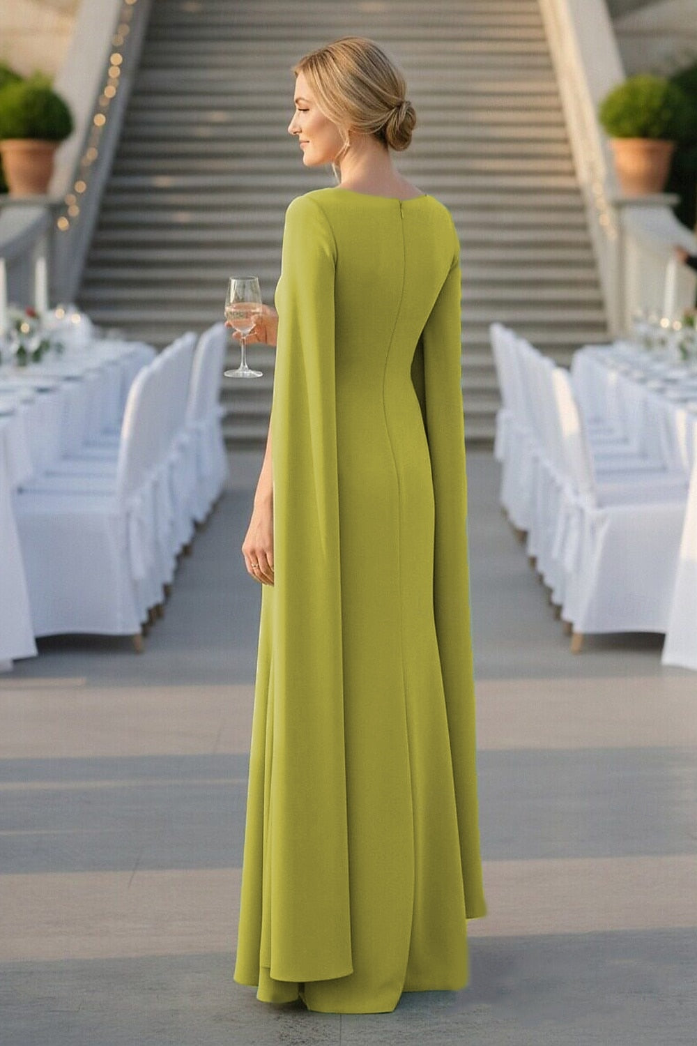 Cape Sleeve Floor-Length Mermaid Evening Gown Mother of the Bride Dress